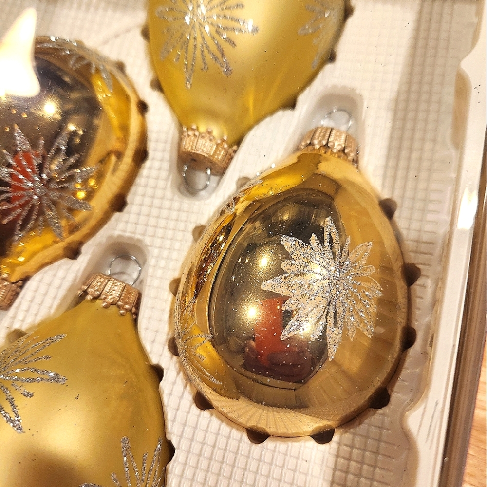 4 Glass Christmas by Krebs Aztec Gold Tear Drop Glitter Ornaments